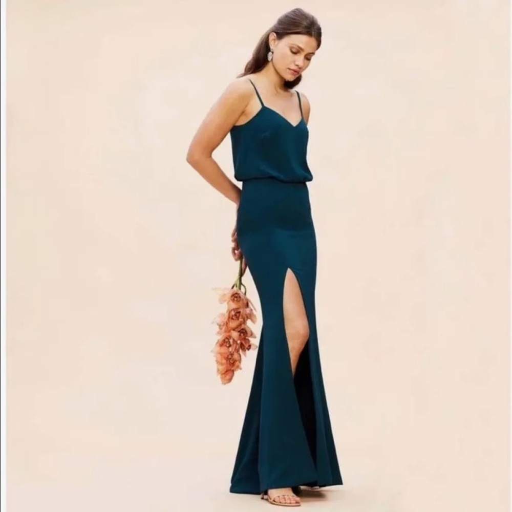 NWT Dress the Population Gracelyn Blouson Trumpet Gown in Pine